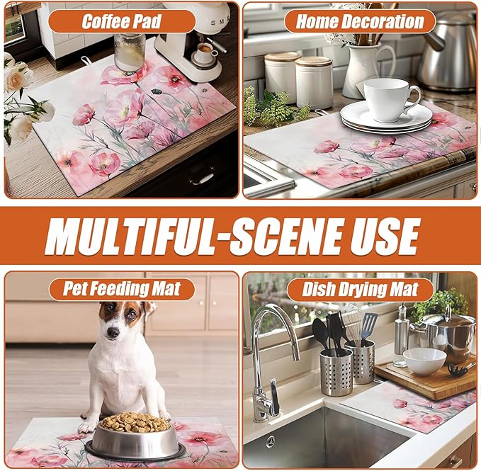 Pink Poppy Flower Dish Drying Mat for Kitchen Counter Microfiber Absorbent Dish Kitchen Drying Mat Draining Reusable Washable for Dishes/Utensils/Counterto