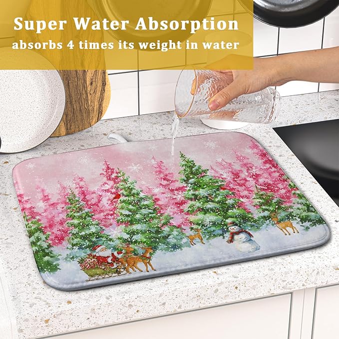 Santa Claus Dish Drying Mats for Kitchen Counter Watercolor Forest Decoration Coffee Mat for Table Decor