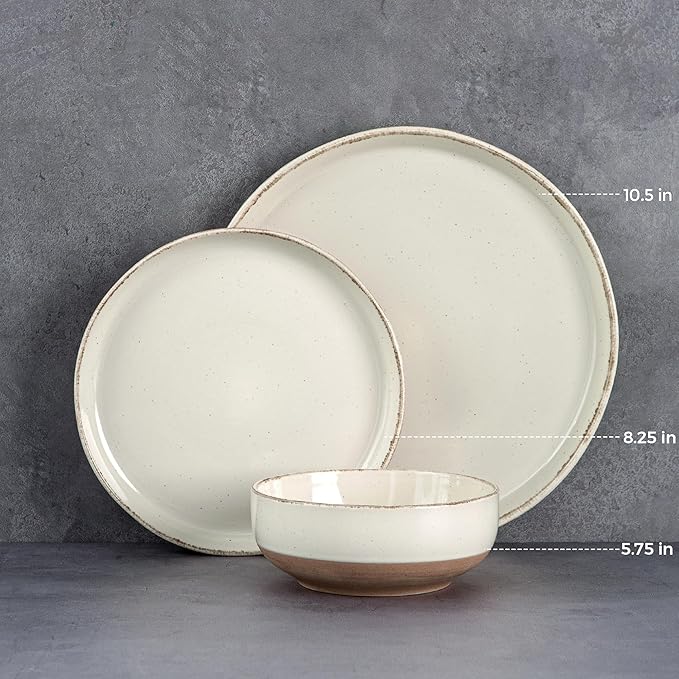AmorArc Ceramic Dinnerware Sets for 4, 12 Pieces Handpainted Plates and Bowls Set with Rustic Terracotta Underside, Scratch Resistant Stoneware Dishes Set, Dishwasher & Microwave Safe, Beige
