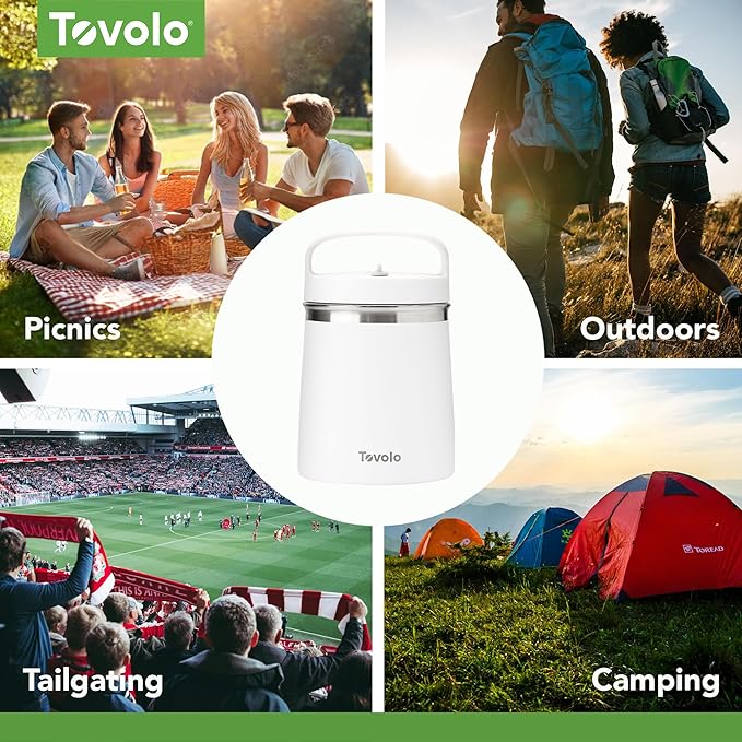 Tovolo 2 Quart Stainless Steel Traveler, Double-Wall Vacuum-Insulated Food Container, 2 Qt. Food Storage & Ice Cream Container, Easy-Carry Handle, Travel Mug for Hot Food & Cold Ice Cream, White