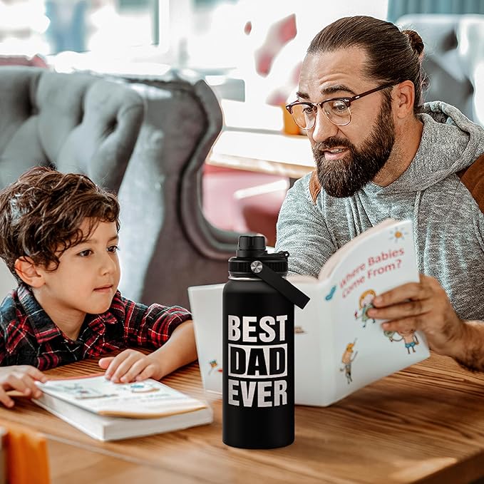 Best Dad Ever Water Bottle 32oz - Stainless Steel Insulated Sports Bottle with Straw Lid, Gifts for Father from Daughter Son