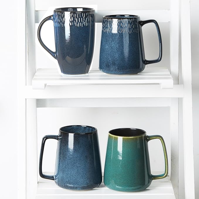 24 OZ Extra Large Ceramic Coffee Mug, with Spoon and Wooden Lid, Big Tea Cups with a Large Handle for Office and Home, Microwave and Dishwasher Safe (24 oz Blue Set)