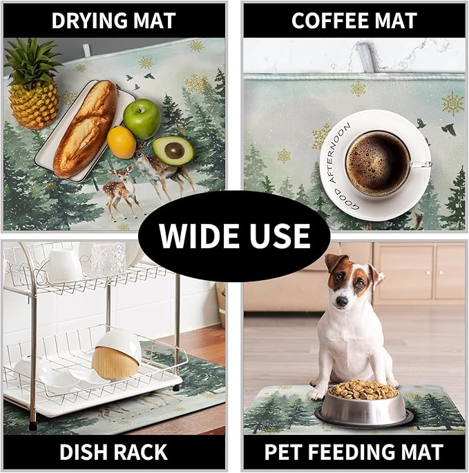 Reindeer Tree Snowflakes Christmas Dish Drying Mats for Kitchen Counter 16x18 Inch Winter Forest Dish Drainer Mats Absorbent Reversible Dish Draining Microfiber Dishes Drying Pad