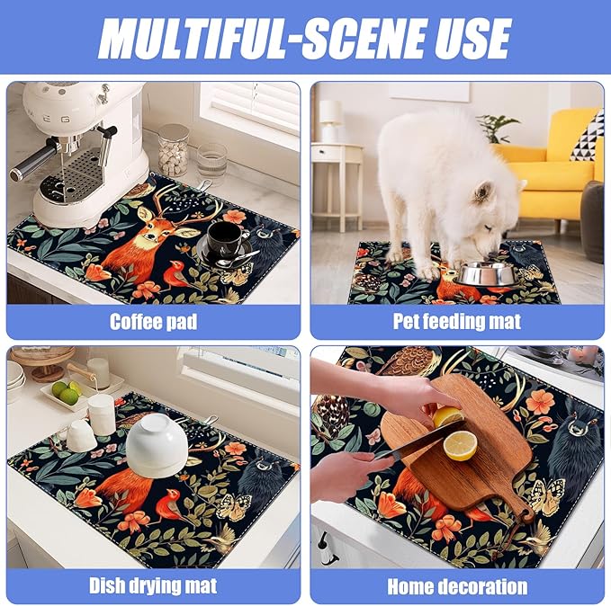 Vintage Deer Dish Drying Mat for Kitchen Counter Wild Animals Drying Pad Absorbent Reversible Dish Drainer Rack Mats Draining Pad 18"x24"Inch