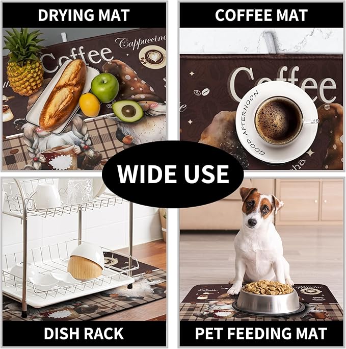 Chef Gnome Kitchen Dish Drying Mat for Kitchen Counter 18x24 Inch, Brown Buffalo Plaid Cooking Mocha Coffee Mat Reversible Microfiber Super Absorbent Quick Dry Rack Pad for Bar Sinks Home Decor