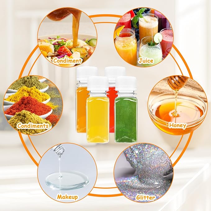 30Pcs 2 Oz Empty Plastic Juice Bottles with Caps,Reusable Clear Bulk Beverage Containers with Tamper Evident Lids ,Transparent Square Bottle for Juice,Drinking,Liquor,DIY,Wedding,Party,Travel(White)