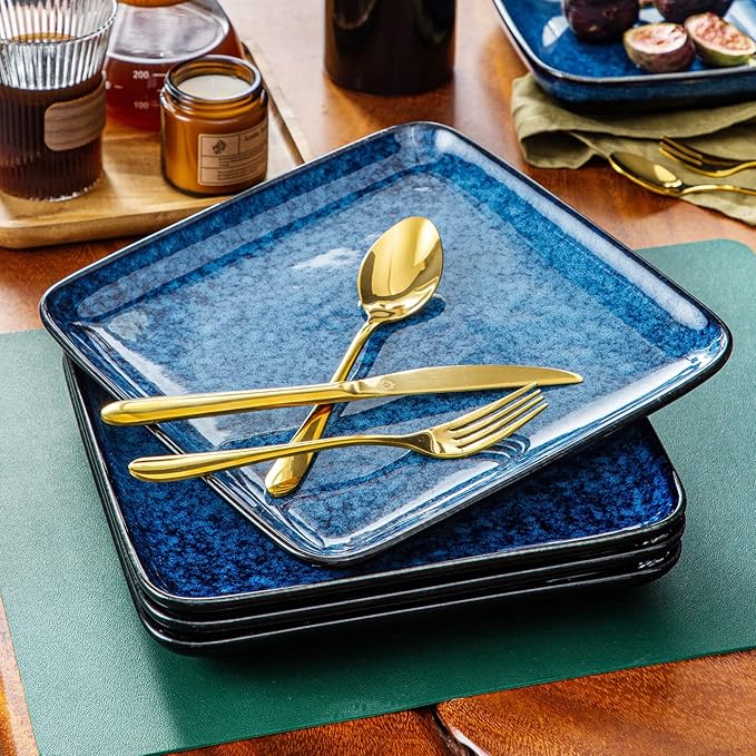 vancasso Stern Square Dinner Plates Set of 4, 10.5 Inch Dessert Plates, Reactive Change Glaze Blue Serving Pasta Salad Plate Dish, Scratch Resistant