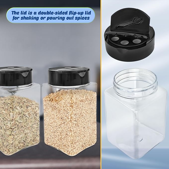 20 Pack 9 oz Plastic Spice Jars with Black Cap Clear Empty Square Plastic Spice Bottle Large Empty Seasoning Containers for Storing Spice Seasoning Powders