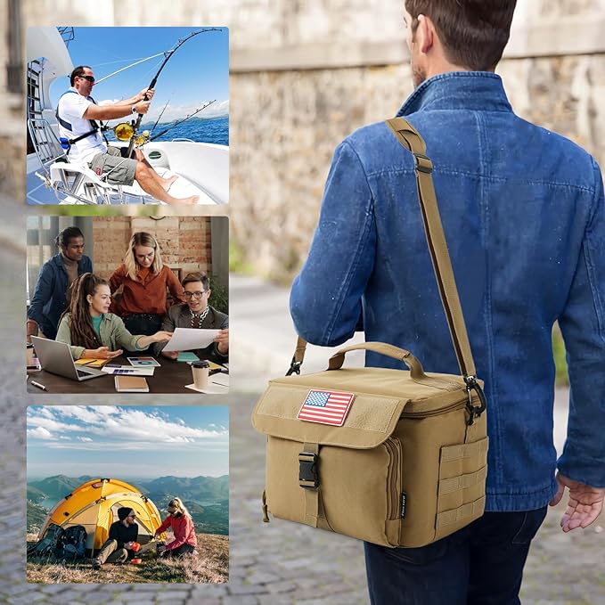 Ronyes Tactical Lunch Box for Men,Large Insulated Lunch Bag with Shoulder Strap,Heavy Duty Lunchbox Cooler MOLLE Webbing, Leakproof Pail for Work Camping Fishing-Brown