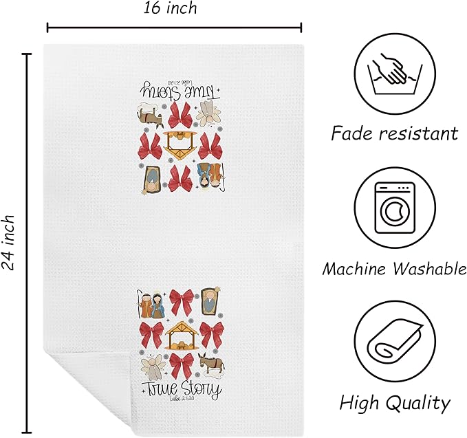 Christian Christmas Nativity Kitchen Towels, Red Coquette Bow Xmas Dish Tea Towels for Kitchen, Luke 2:1-20 Bible Verse Religious Decorative Hand Towel for Bathroom, 16x24 Inch