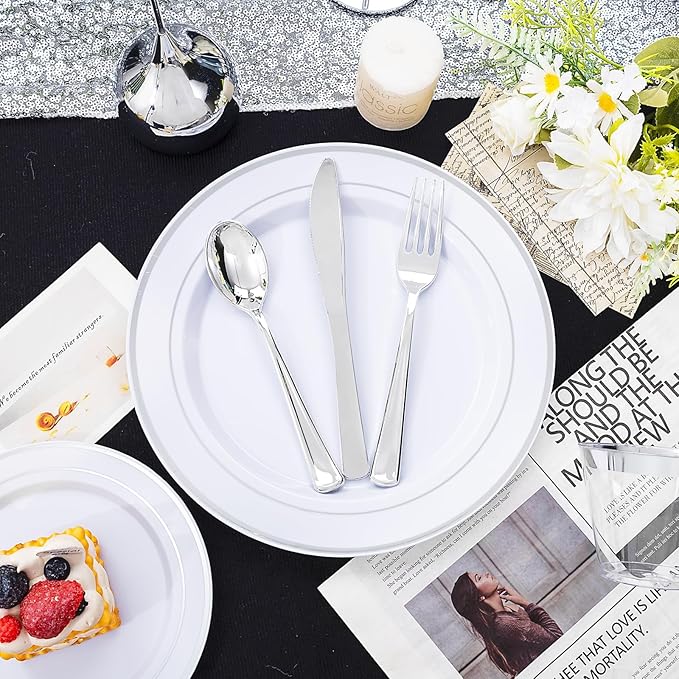 bUCLA 600pcs Silver Plastic Dinnerware Set for 100 Guests - Silver Christmas Dinnerware Set Disposable for Party - Include 100 Dinner Plates,100 Dessert Plates,100Cups,100 Knives,100 Forks,100 Spoons