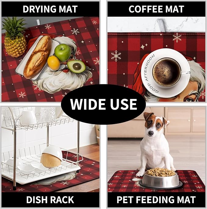 Santa Claus Christmas Dish Drying Mat Xmas Red and Black Buffalo Plaid Snowflake Drying Mats Winter Holiday Dishes Drying Pad Microfiber Absorbent Dish Drainer Rack Mat 16x18 Inch