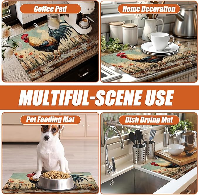 Vintage Rooster Dish Drying Mat for Kitchen Counter Microfiber Absorbent Dish Kitchen Drying Mat Draining Reusable Washable for Dishes/Utensils/Counterto