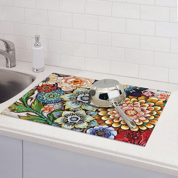 Boho Floral Dish Drying Mat for Kitchen Counter, 18 x 24 Inch Microfiber Dish Mats for Drying Dishes, Absorbent Large Dish Drying Pad Mandala Rack Mat Kitchen Decor