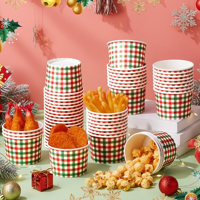 50 Pack Christmas Plaid Treat Snack Cups 9 oz Xmas Red and Green Checkered Disposable Dessert Bowls Paper Soup Bowl Buffalo Plaid Ice Cream Cups for Hot or Cold Food Holiday Wedding Birthday
