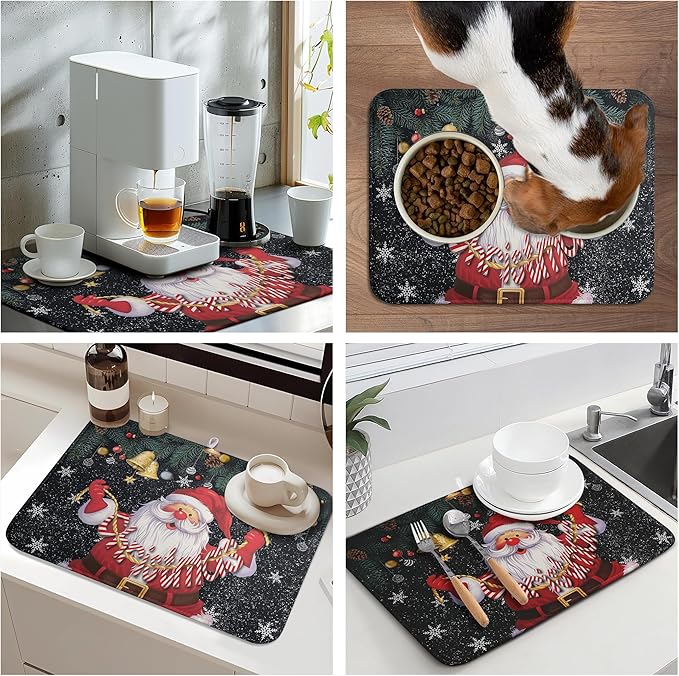 Christmas Santa Claus Dish Drying Mat Winter Drying Dish Mat for Kitchen Countertops Xmas Dish Dryer Mat Microfiber Dishes Drainer Pad Dish Drying Pad (18x24 in)