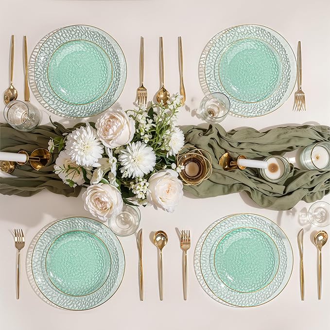 SUT 100Pcs Green Plastic Plates, Hammered Plates Disposable Heavy Duty, Green Disposable Plates With Gold Rim, Fancy Plastic plates Include 50 Dinner and 50 Dessert plates for Wedding