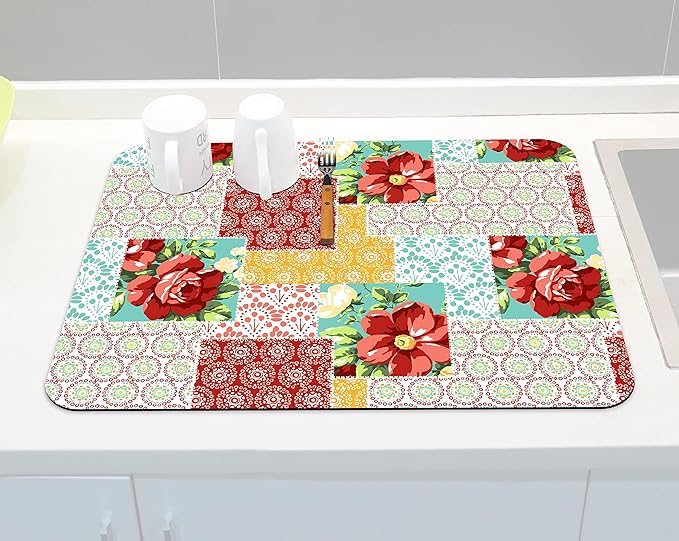 Rubber Dish Drying Mat for Kitchen Counter Large Boho Flowers Washable Quick Home Coffee Pad Fit Under Sink,Bar,Utensils 18x24in