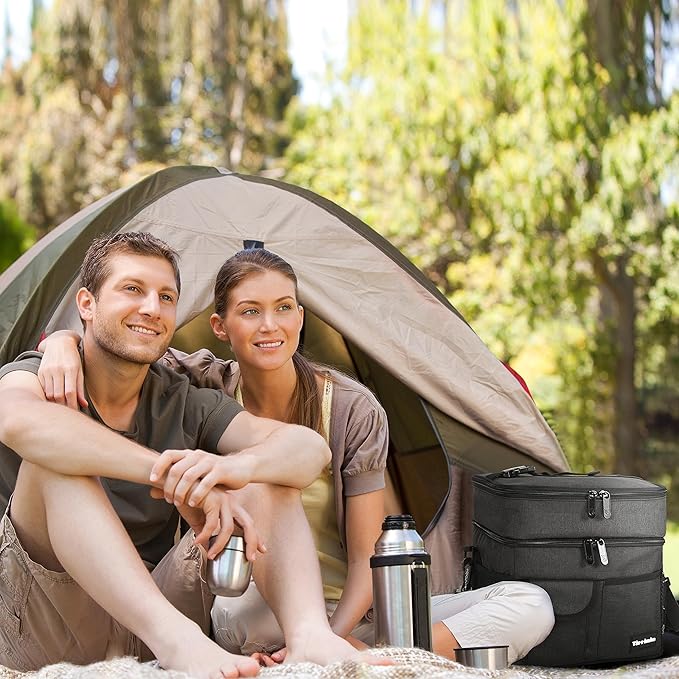 Tirrinia Large Insulated Lunch Box for Women Men, Double-Layer Leak-Proof Reusable Lunch Bag with 4 Pockets for Adult, Lunch Bag Cooler Tote for Office Work and Travel,Black