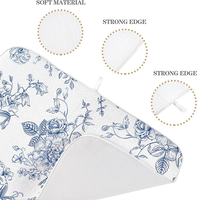 Blue Floral Dish Drying Mats 18x24 Inch Blue and White Chinoiserie Flower Drying Mats Seasonal Vintage Decorative Coffee Bar Mat Absorbent Fast Drying for Kitchen Dining Room Decor