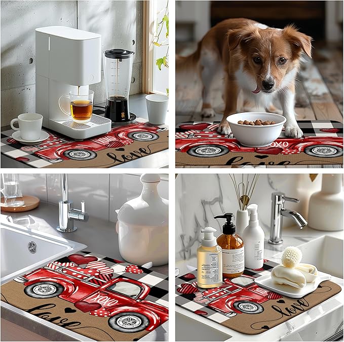 Valentines Dish Drying Mat Valentine Buffalo Plaid Hearts Kitchen Drying Pad Absorbent Dishes Dryer Mats 18x24 Inches