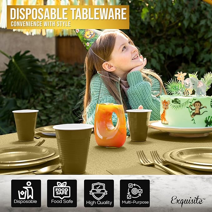 222 Pcs Gold Paper Plates and Napkins Sets, Disposable Plates For Party, Lunch & Cocktail Napkins Paper, 18oz Plastic Cups, Cutlery and Gold Table cloth Plastic Dinnerware Set