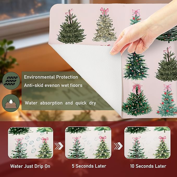 Pink Coquette Bow Christmas Tree Dish Drying Mat, Preppy Christmas Coffee Bar Mat for Countertops, Xmas Bauble Tree Absorbent Dish Drying Mats for Kitchen Counter Coffee Maker, 16x24 Inch