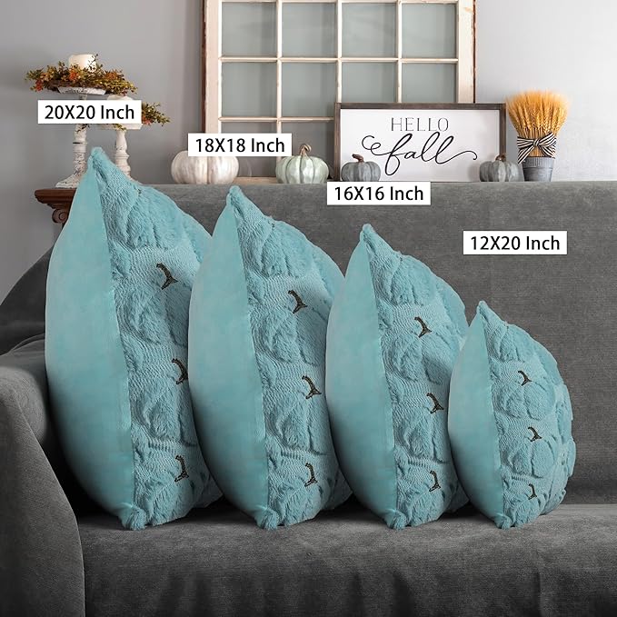 4TH Emotion Fall Pumpkins Decorative Pillow Covers 18x18 Set of 2, Light Blue Soft Plush Faux Fur Wool Farmhouse Throw Cushion Cases for Autumn Thanksgiving Holiday Home Decorations