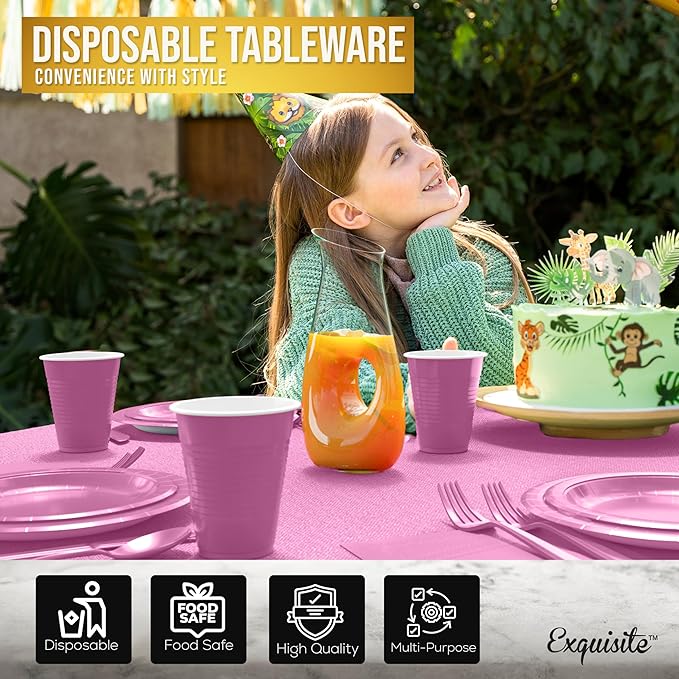 222 Pcs Hot Pink Paper Plates and Napkins Sets, Disposable Plates For Party, Lunch & Cocktail Napkins Paper, 18oz Plastic Cups, Cutlery and Hot Pink Table cloth Plastic Dinnerware Set