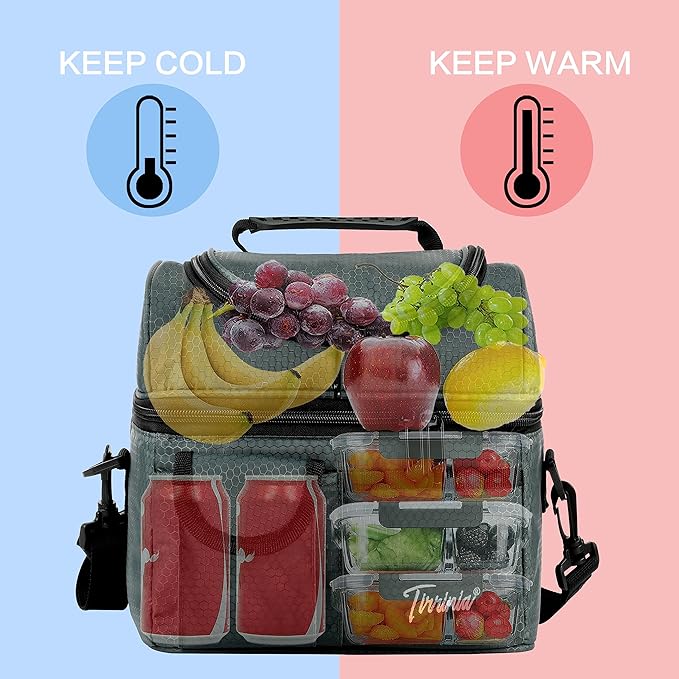 Tirrinia Reusable Lunch Box for Men Women, Insulated Lunch Bag Adult Work, Double Decker Leakproof Lunchbox for Office Picnic Beach—Dual Compartment Lunch Cooler Bag,Celadon