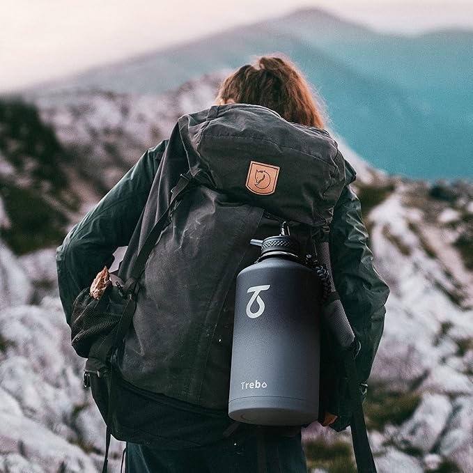 Trebo One Gallon Water Bottle Insulated with Paracord Handle,128oz Stainless Steel Sports Large Jug Food-grade Double Wall Vacuum with Straw Spout Handle Lids, Leakproof Keep Cold & Hot, Dark Gray