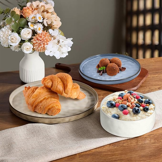 LIANYU 18 Piece Dinnerware Sets for 6, Stoneware Plates and Bowls Dish Set, Ceramic Dinner Ware Dishware for Kitchen Dining, Microwave & Dishwasher Safe, Three-Color