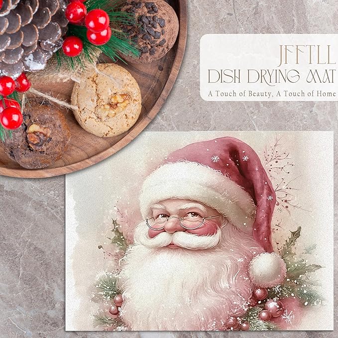 Pink Christmas Santa Dish Drying Mat, Winter Xmas Santa Absorbent Dish Drainer Reusable Washable Drying Mat Pad for Kitchen Counter, Pink Christmas Kitchen Decor, 12×15 Inch