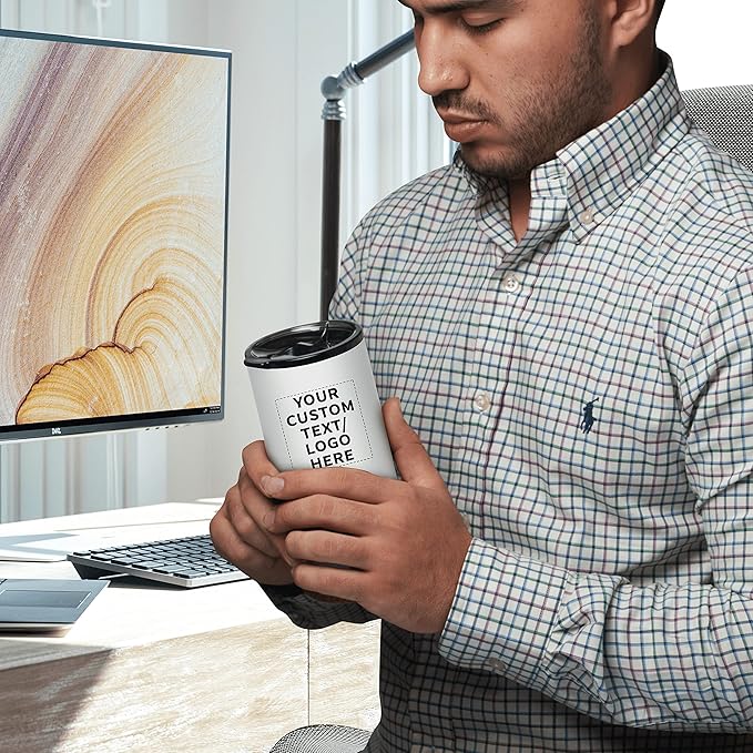 DISCOUNT PROMOS Custom Travel Tumblers with Cork Bottom 16 oz. Set of 1, Personalized Bulk Pack - Double Wall Insulated, Matte Finish, Perfect for Iced Coffee, Soda, Other Beverages - White