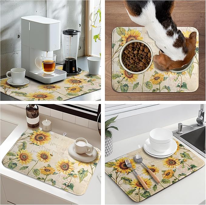 Spring Summer Dish Drying Mat Sunflower Kitchen Dish Drying Pad Absorbent Vintage Drying Mat for Countertops Dish Dryer Mat Microfiber Dishes Drainer Pad Dish Drying Rack Mat (18x24 in)