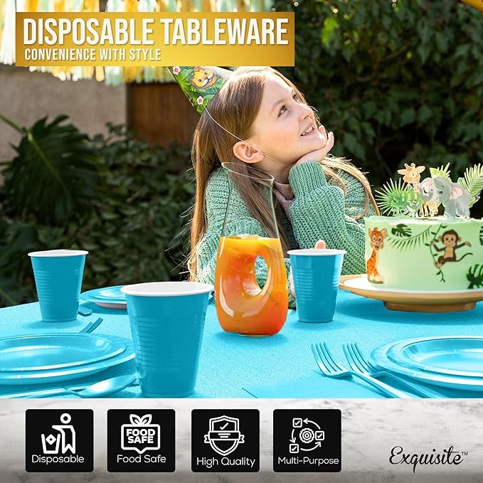 222 Pcs Turquoise Paper Plates and Napkins Sets, Disposable Plates For Party, Lunch & Cocktail Napkins Paper, 18oz Plastic Cups, Cutlery and Turquoise Table cloth Plastic Dinnerware Set