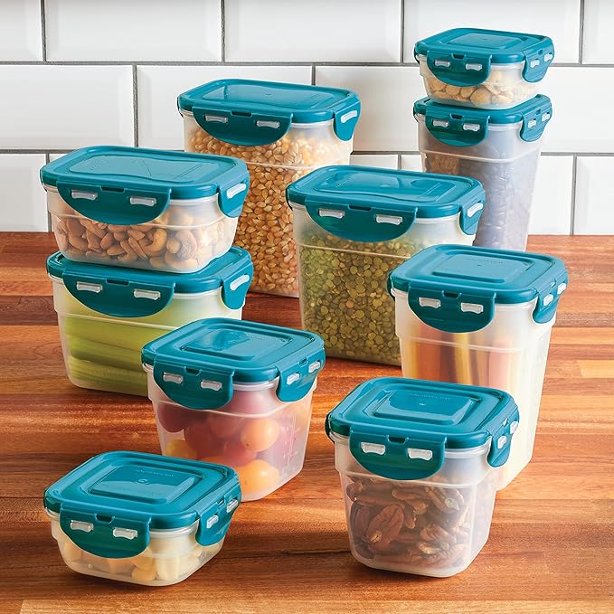 Rachael Ray Leak-Proof Stacking Container Food Storage Bin Set, 20-Piece, Clear with Teal Lids