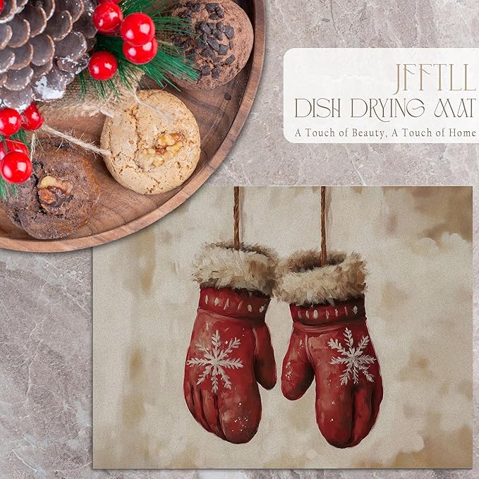 Rustic Christmas Mittens Dish Drying Mat, Vintage Winter Xmas Absorbent Dish Drainer Reusable Washable Drying Mat Pad for Kitchen Counter, Farmhouse Christmas Decor, 12×15 Inch