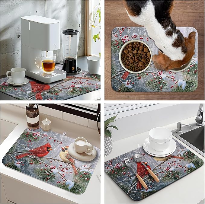 Winter Cardinal Birds Dish Drying Mats Christmas Snowflake Dish Mat Kitchen Tree Large Drying Matt Dishes Dryer Pad for Kitchen Counter Absorbent Microfiber Washable Foldable Reusable 18x24 in