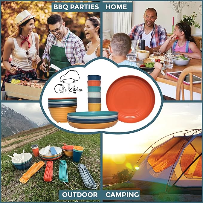 48 Pcs Wheat Straw Dinnerware Sets for 6- Unbreakable Dinnerware Set with Large Plates, Bowls and Cups-BPA Free, Lightweight, Microwave Safe Wheat Straw Plates and Bowls Sets, RV Camping Dishes