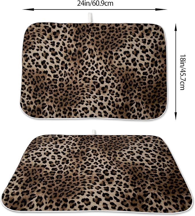 Brown Leopard Print Dish Drying Mats 18x24 Inches for Kitchen Counter Animal Print Skin Cheetah Kitchen Decorations Drying Mats Seasonal Outdoor Mat Drying Pad for Office Dining Room Decor