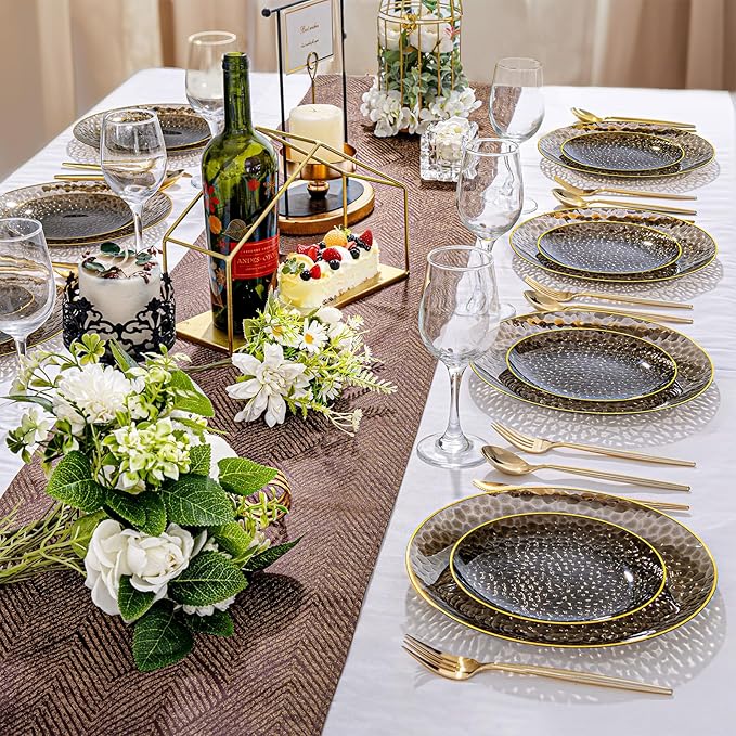 SUT 100Pcs Black Plastic Plates, Hammered Plates Disposable Heavy Duty, Black Disposable Plates With Gold Rim, Fancy Plastic plates Include 50 Dinner and 50 Dessert plates for Wedding
