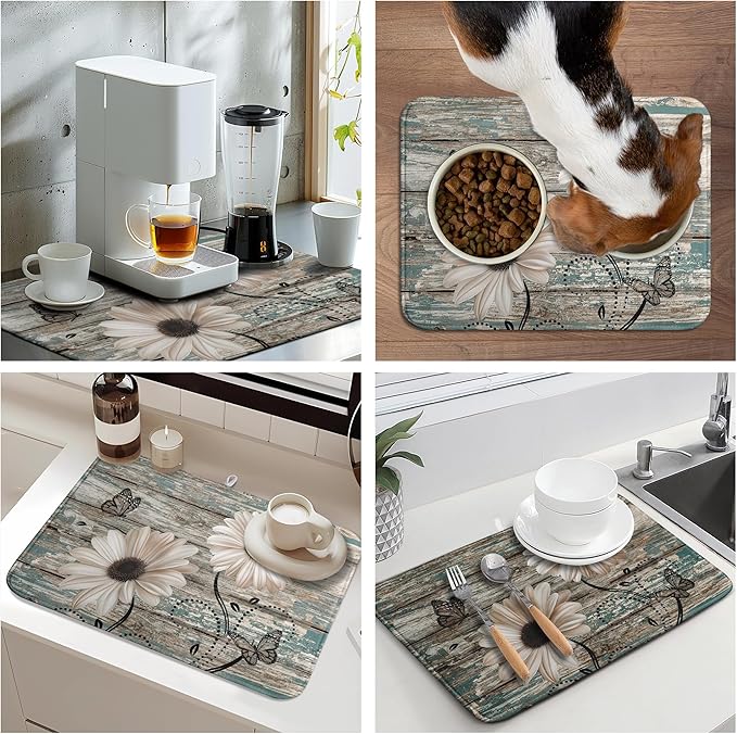 Summer Sunflower Vintage Dish Drying Mats for Kitchen Counter Country Rustic Daisy Farmhouse Kitchen Dishes Dryer Pad Fall Absorbent Dish Mat Microfiber Washable Foldable Reusable Large 18x24 in