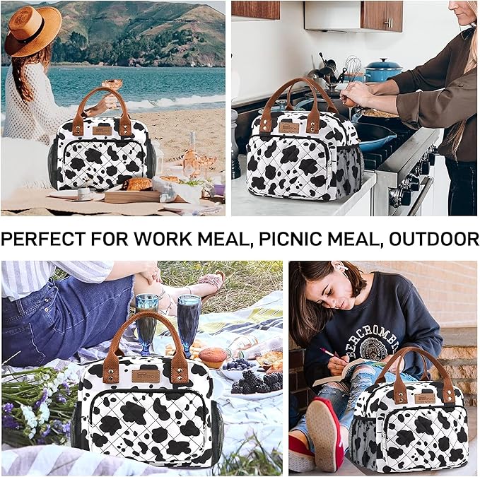 Buringer HOMESPON Lunch Bag for Woman Man Adults with Front Pocket Insulated Lunch Tote Lunch Box Container for Work Picnic or Travel(Cow with Side Pockets)