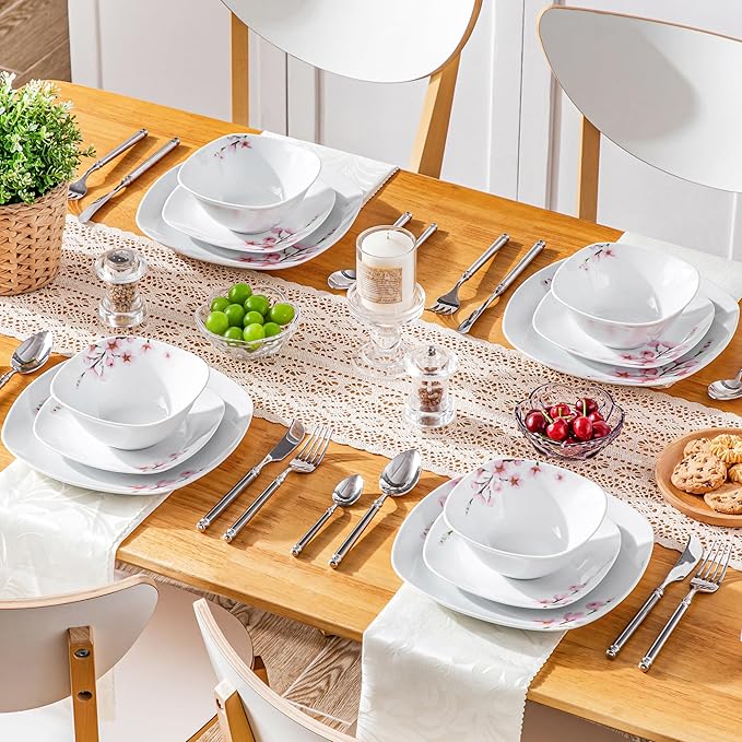 VEWEET Porcelain Dinnerware Set with Pink Floral, 12 PCS Including Dinner Plates, Dessert Plates and Cereal Bowls, Series Annie