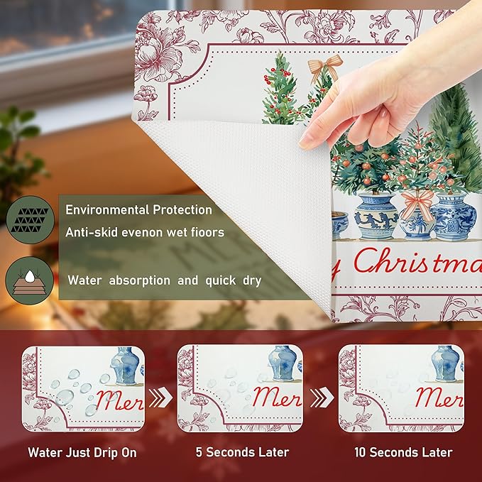 Chinoiserie Christmas Tree Dish Drying Mat, Vintage Floral Christmas Coffee Bar Mat for Countertops, Grandmillennial Xmas Absorbent Dish Drying Mats for Kitchen Counter Coffee Maker, 16x24 Inch