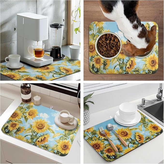 Summer Sunflower Dish Drying Mat for Kitchen Counter Watercolor Rustic Sunflowers Kitchen Dishes Dryer Pad Absorbent Matt Microfiber Washable Foldable Reusable Large 18x24 in