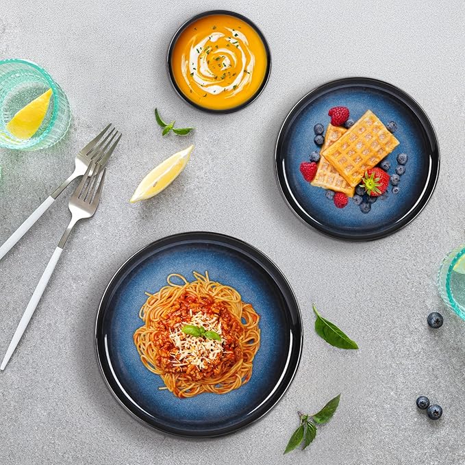 Romswi Dinnerware Set Stoneware Plates and Bowls Sets with Mugs, Chip & Scratch Resistant Dish Set, Handmade Reactive Glaze, Oven,Microwave and Dishwasher Safe, Dreamy Moonlight-Blue for 4,16 pcs