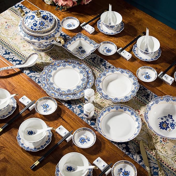 ACMLIFE 12-Piece Bone China Dinnerware Set, Blue and White Vintage Floral Dinnerware Set Service for 4, Lightweight Plates and Bowls Set with Gift Box (Blue-B)