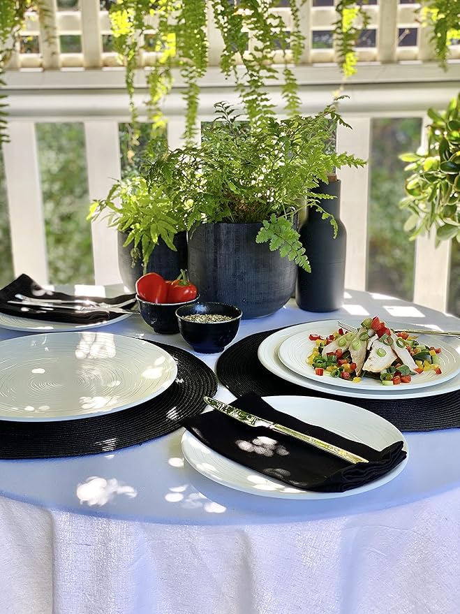 bzyoo 12 Piece White Melamine Dinnerware Set - Durable, Easy to Clean Plates and Bowls - Ideals for Parties, Camping Dish Set BPA Free Organica White Collection